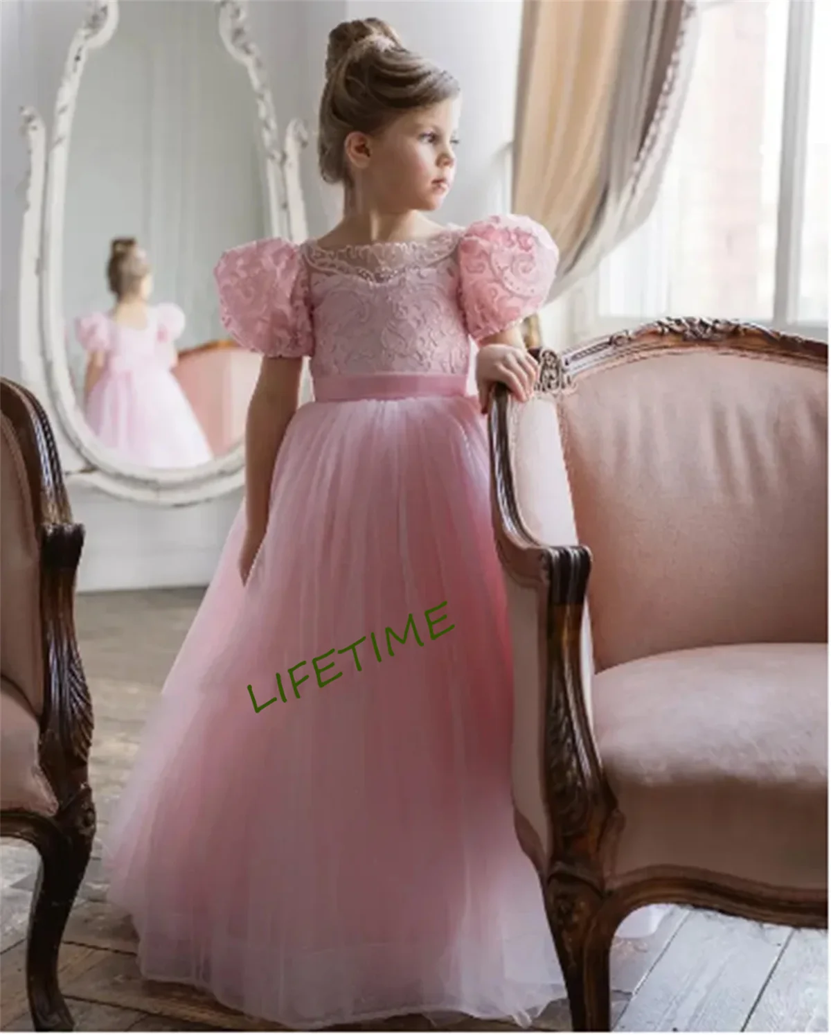 

CustomizedCustomized Pink Flower Girl Dresses For Wedding Appliques With Bow Classic Princess Birthday Evening Party Formal Even