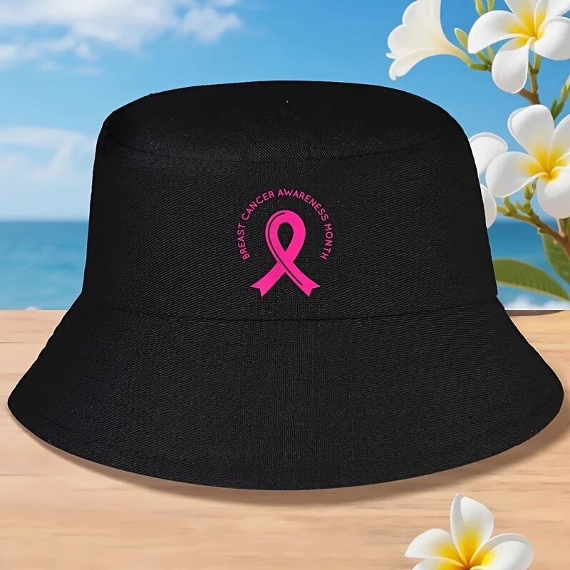 Chapeau Bob Unisexe Rose Ruban de Sensibilisation au Cancer du Sein pour Hommes et Femmes - Design Caritatif de Soutien au Groupe Anti-Cancer, Large Bord Anti-UV, Noir