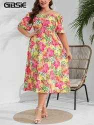 GIBSIE Plus Größe Off Schulter Blumen Druck Boho Kleid Frauen Sommer Kurzarm Strand Casual A-linie Urlaub Lange Kleider 2024