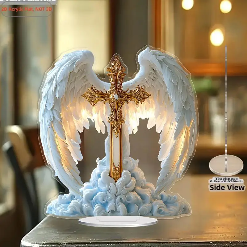 2D Acrylic Cross Ornament Angel Wings Design Non-Slip Base Lightweight Religious Home Decor for Window Sill