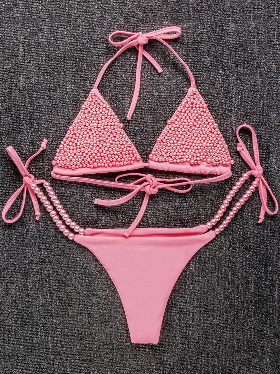 

2025 Luxury Pearls Halter Mini Bikini Female Swimsuit Women Swimwear Two-pieces Bikini Set Bather Bathing Suit Swim Beachwear