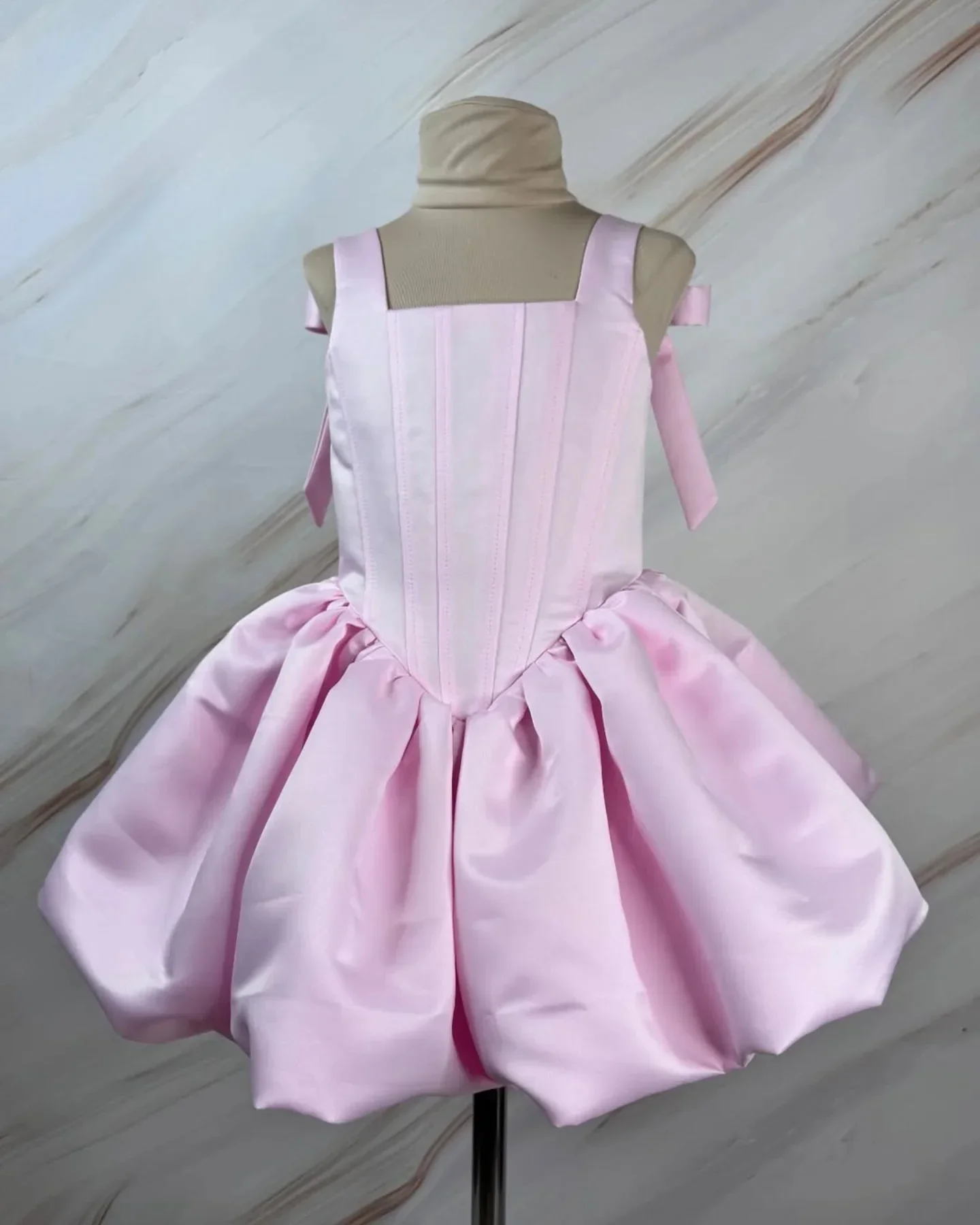 Custom Luxury Pink Square Strap Corset Side Bow Puffy Bubble Skirt Flower Girl Gown Pageant Runway Guest Bday Kids Wedding Short