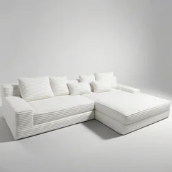 #White Jumbo Corduroy Modular L Shape Sectional Sofa Oversized Chaise Lounge Couch with Throw Pillows for Living Room