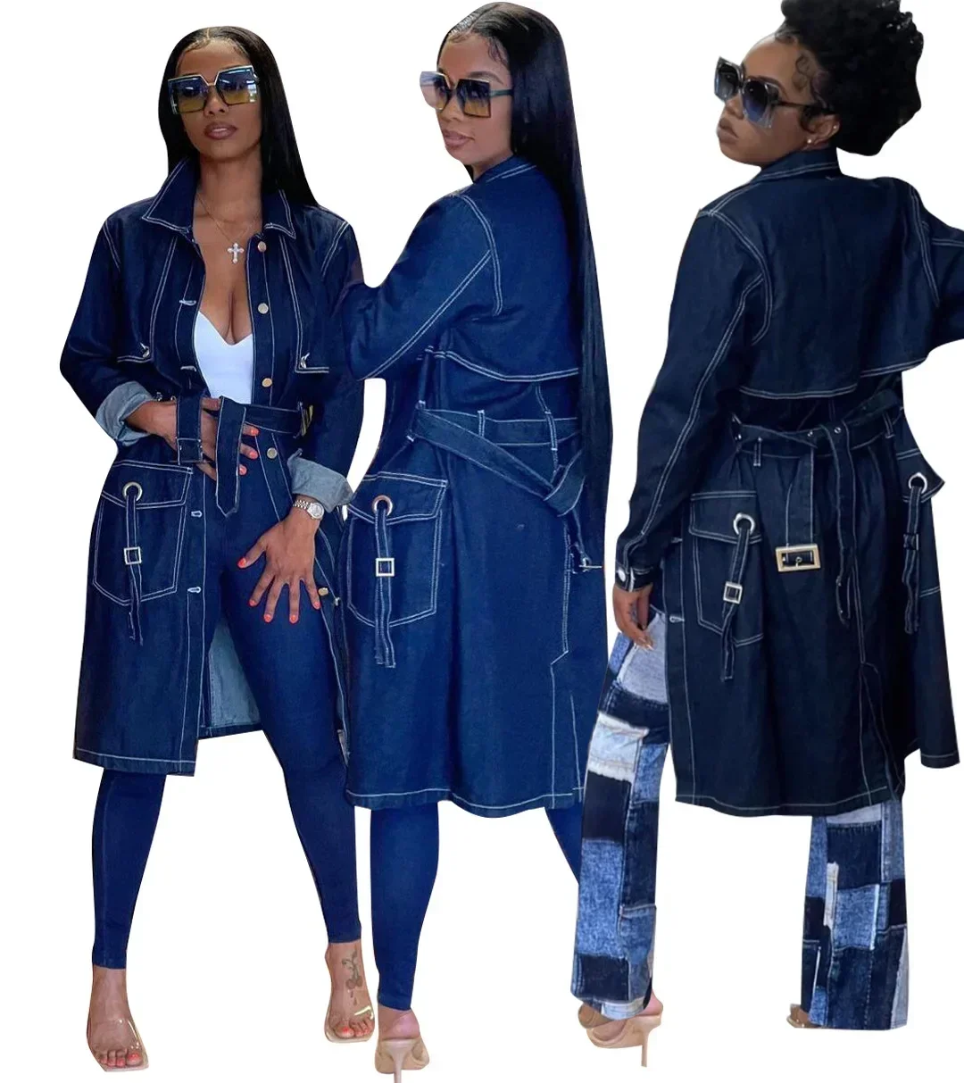 Women Turn Down Collar Denim Trench Casual Loose Full Sleeve Lace Up Belt Single Breasted Long Cardigan Coats Autumn 2023