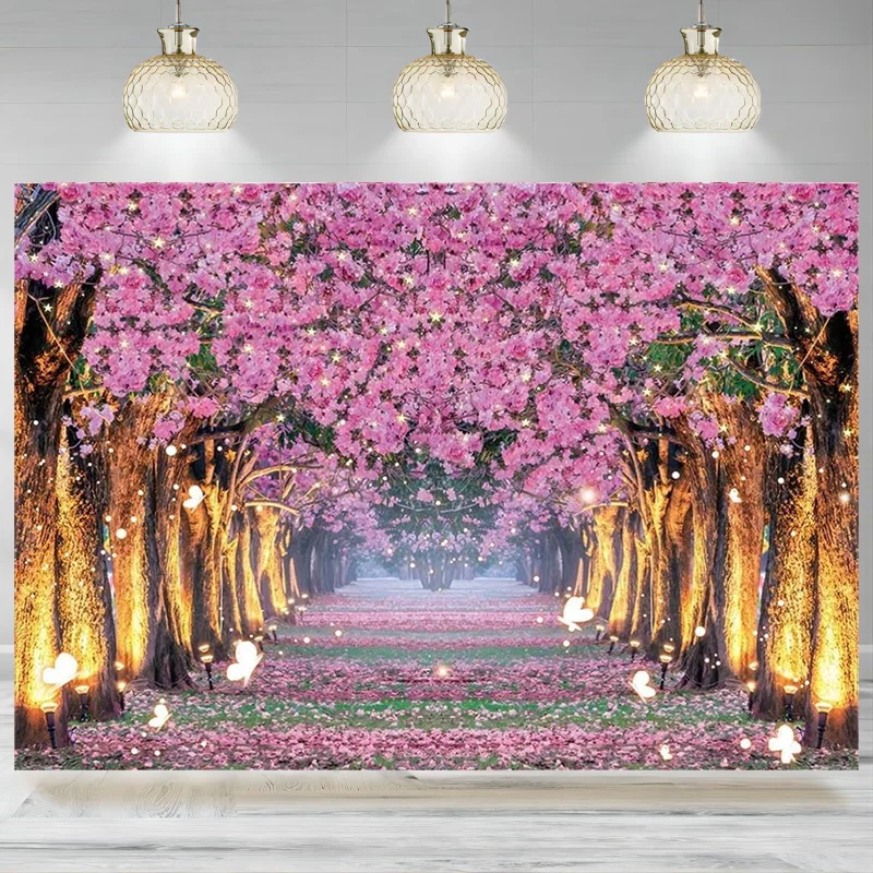 Pink Spring Cherry Tree Background Photography Luminous Butterfly Backdrop Birthday Party Valentine's Day Wedding Party Banner