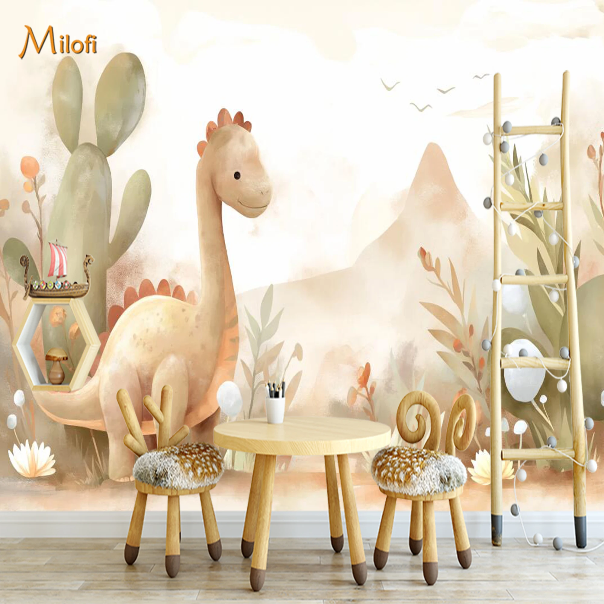 Custom Boho Baby Dinosaur Wall Mural Cute Desert Cactus Watercolor Plant Wallpaper for Kids Boys Room Nursery Decoration
