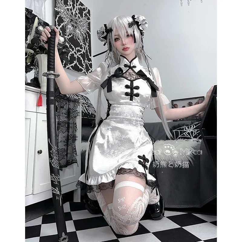 

Chinese Tranditional Cheongsam Women Anime Maid Cosplay Sweet Cat Girl Split Qipao Dress Sexy Lingerie Y2K Asia Culture Clothes