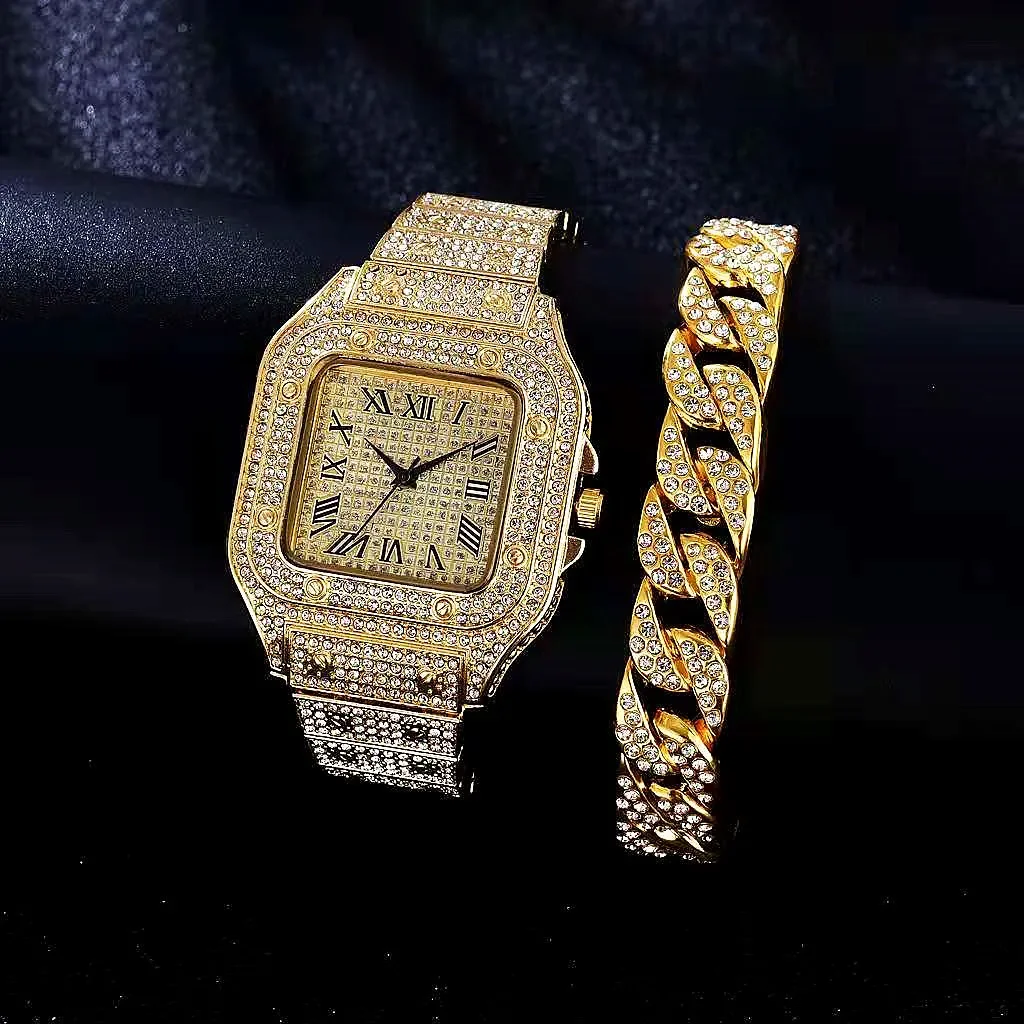 2pcs/set, Men\'s Large Dial Square Rhinestone Watch & Chain Bracelet