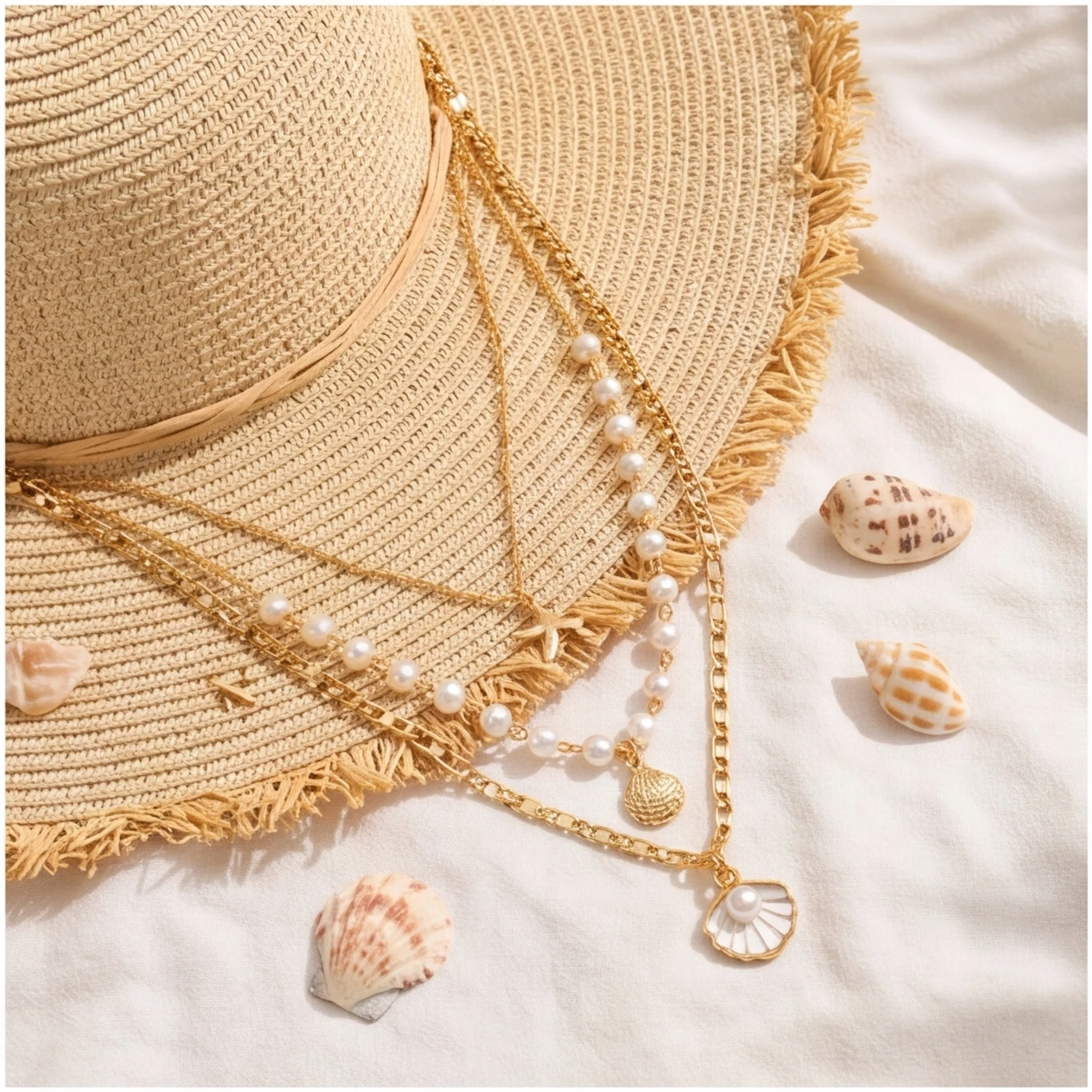 

Gold Plated 3 Layered Necklace, Starfish Shell & Pearl Pendant Chain, Beachy Ocean Inspired Jewelry for Women