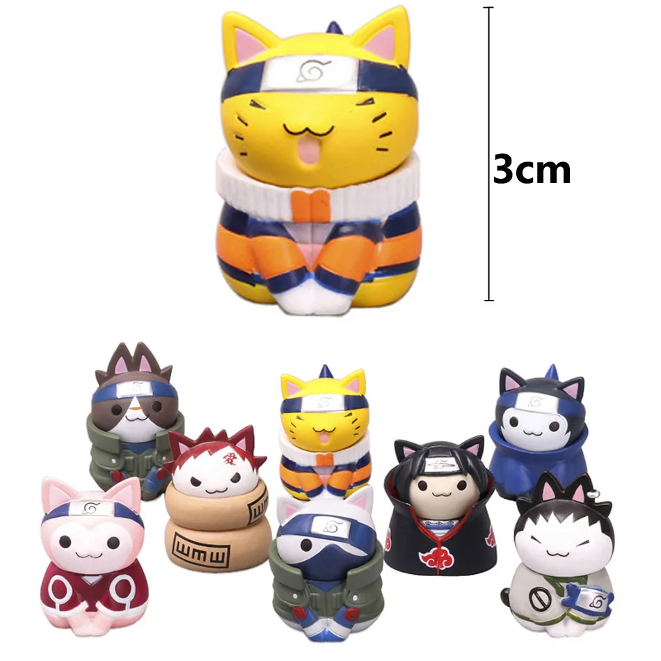 8Pcs Anime Naruto Figures Kawaii Mini Q Version Modle NARUTO Cat Action Figuras Cartoon Model Kids Gift Toys Suit Dropshipping