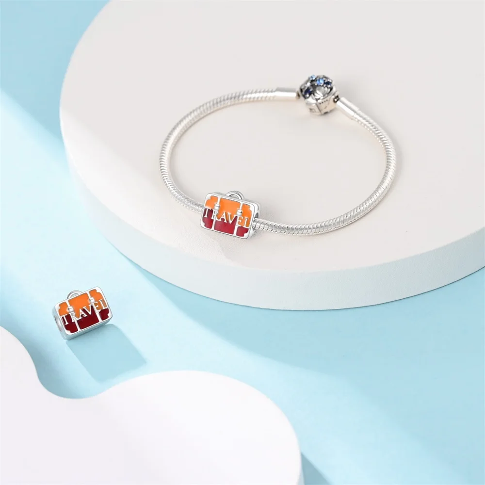 Actual 925 Sterling Silver Red Orange Travel Luggage Charm Fit Pandora Bracelet Women's Daily DIY Jewelry Accessories