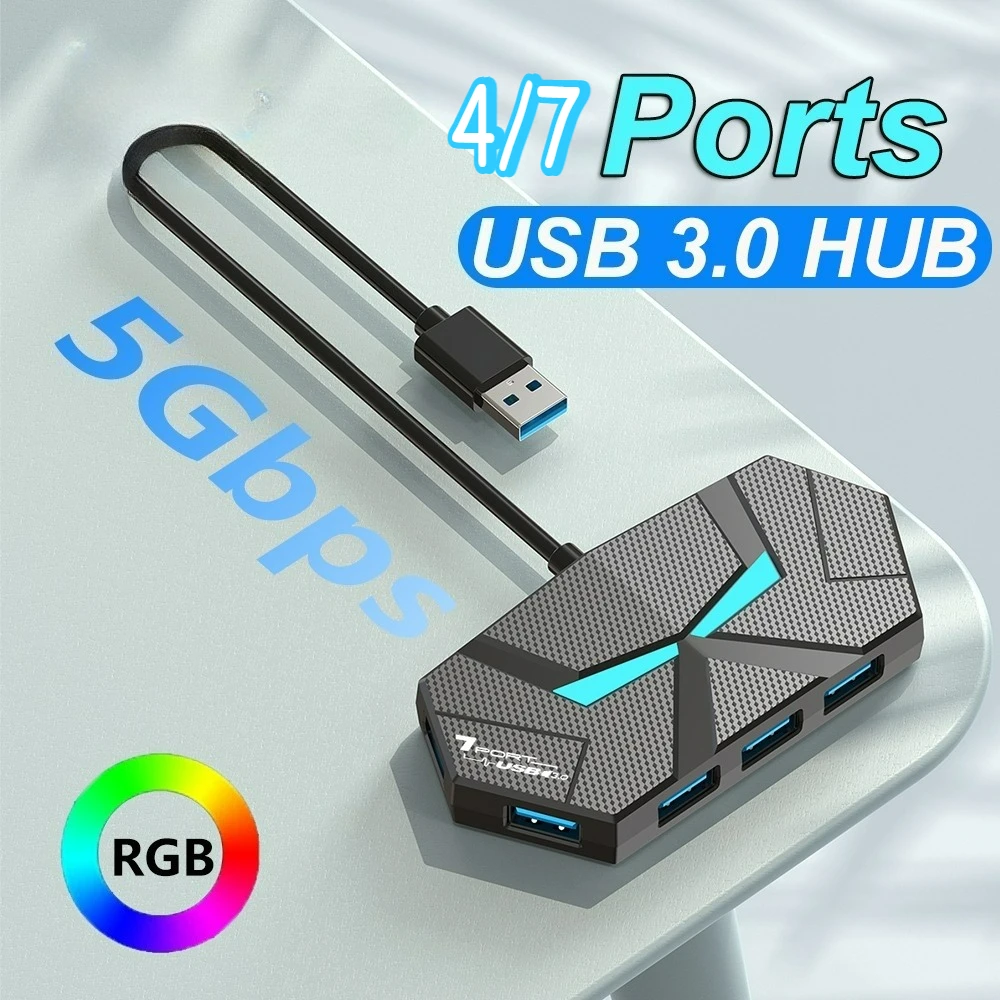 

RGB Light 5Gbps High Speed Transmission Splitter 4/7 Ports USB 3.0 HUB Type C Docking Station Adapter For Laptop Mouse Keyboard