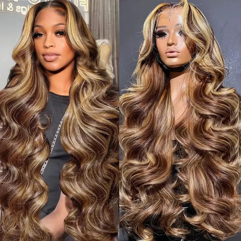 Lace Front Wig Human Hair 13x6 HD Transparent Highlight Lace Front Wig Human Hair 180 Density Body Wave 4/27 Colored Human Hair