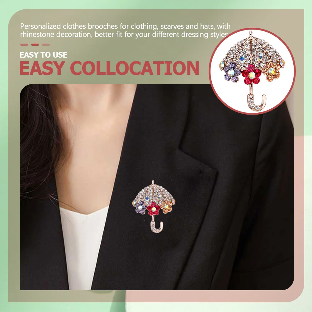 

Umbrella Brooch Pin Women Clothes Rhinestone Decor Metal Lapel Suit Scarf Shawl Badge Fashion Jewelry Gift Accessory