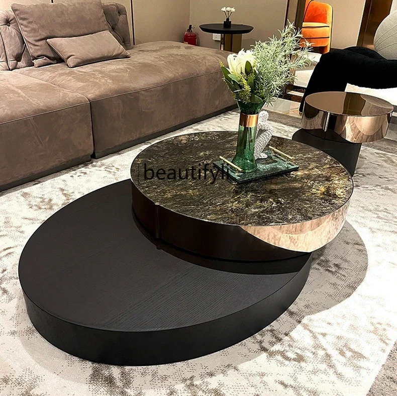 

Italian light luxury rotating coffee table combination modern simple living room retractable small apartment size round teatable