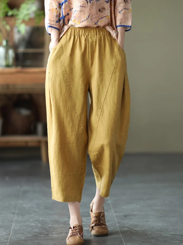 Pantaloni estivi da donna in lino di cotone sciolto Vita alta Harlan Sle Casual Loose Fit plus Size Pantaloni dimagranti a nove punti