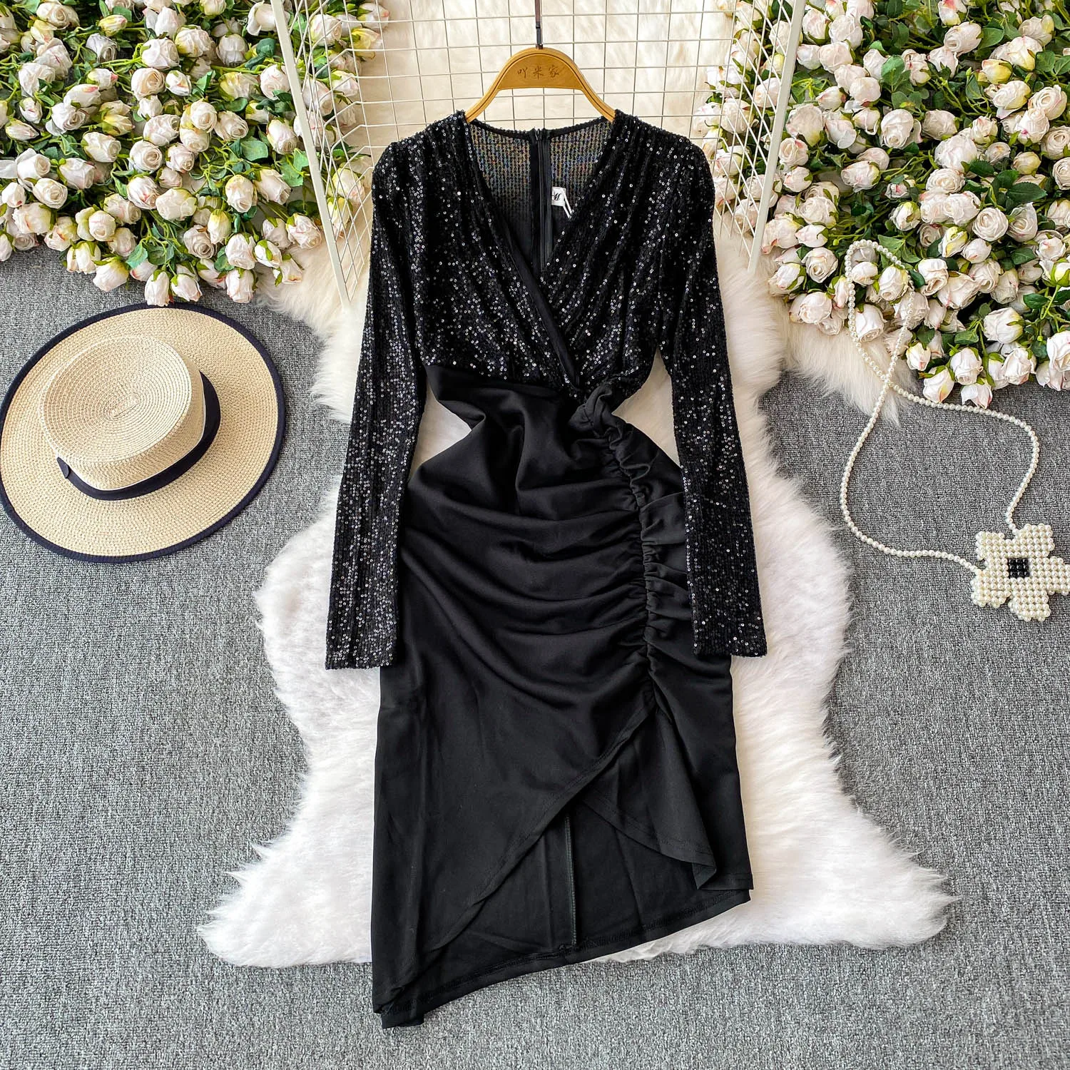 Chic vintage sexy scollo a V incrociato manica lunga slim elegante fata moda coreana Boho vestito estivo abbigliamento donna