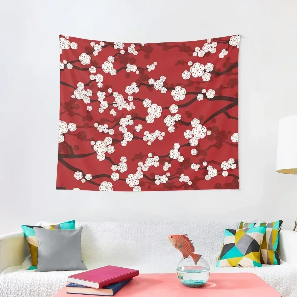 White Oriental Cherry Blossoms On Red | Zen Japanese Sakura Flowers ? fatfatin Tapestry Home Decorators Tapestry