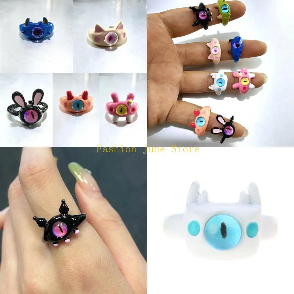 N5KA 9pcs Little Monsters Ring Cartoon Open Ring Adjustable Resin Finger Ring