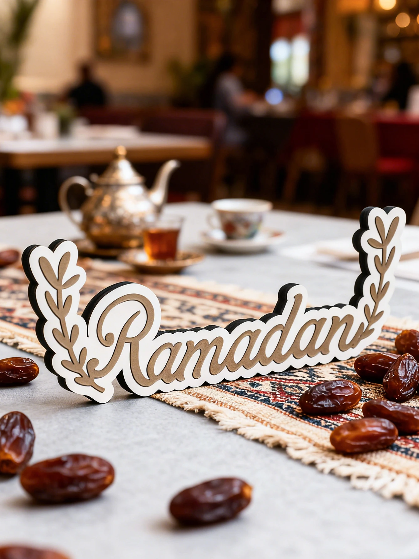 Ramadan Table Decor Sign with Olive Branch Design Wood Islamic Ornament for Ramadan Kareem & Eid Mubarak Desktop Decoration Gift