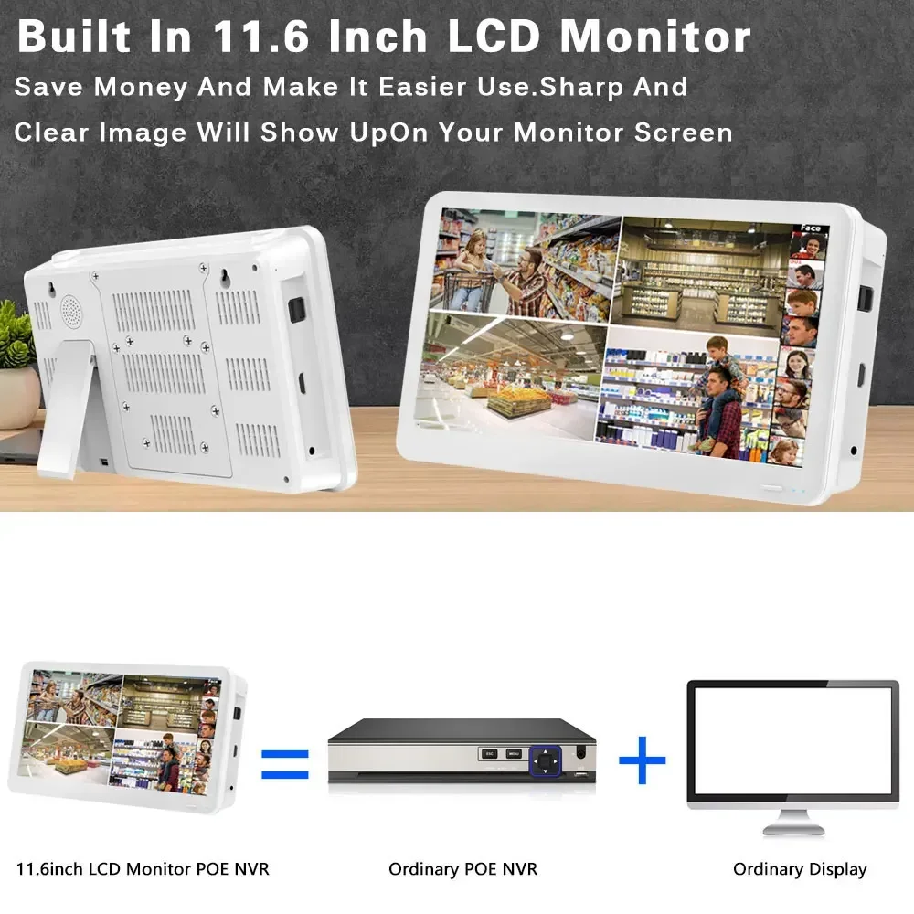 8ch 4K Poe Nvr Xmeye Face Detetcion 11.6 "Lcd-Scherm Cctv Netwerk Surveillance Video Recorder Voor 8mp Poe Ip Security Camera 4ch