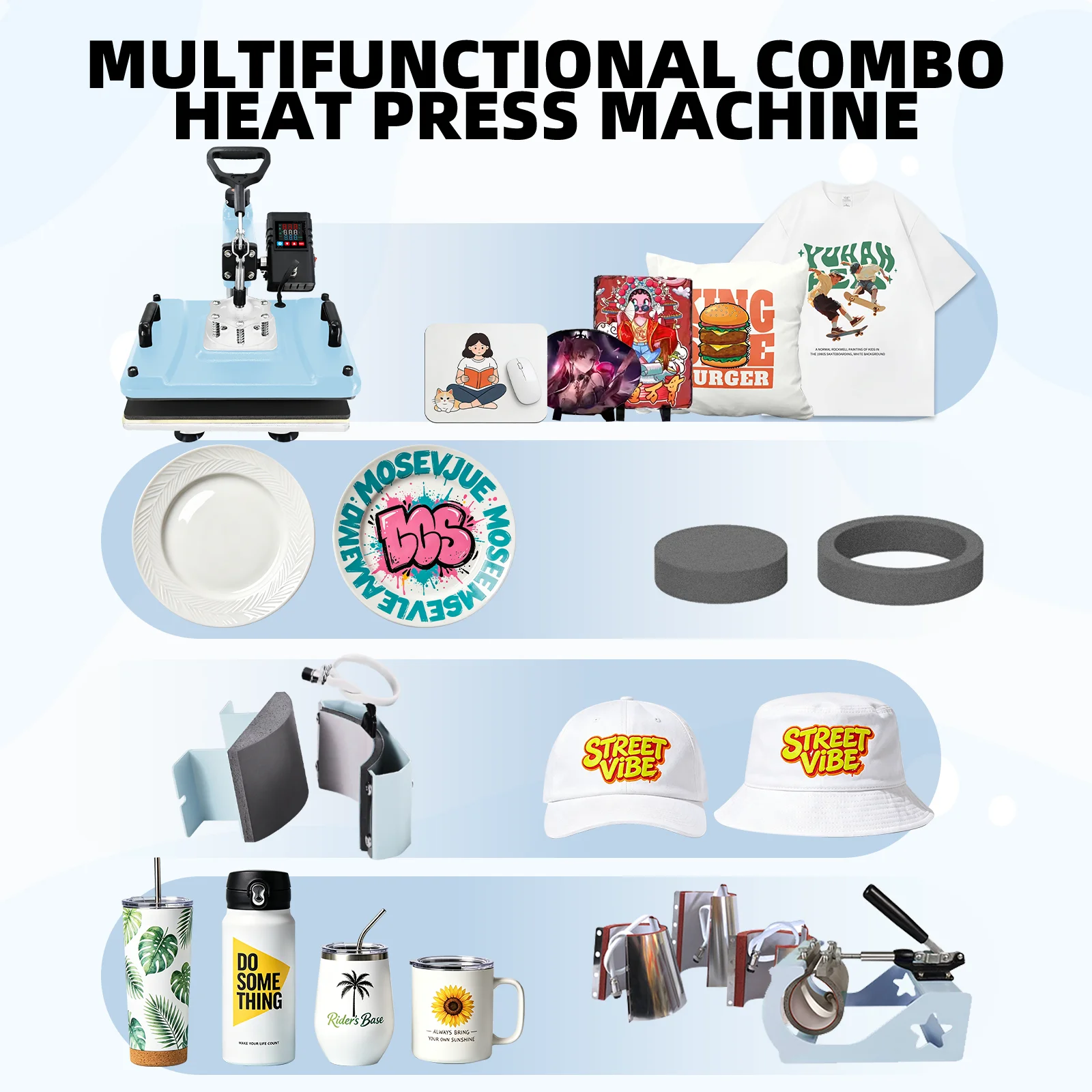 8‑in‑1 Customized Combo Heat Press Machine 29X38CM Sublimation for T‑shirt Mug Cap Plate,110V/220V Factory Direct Sale