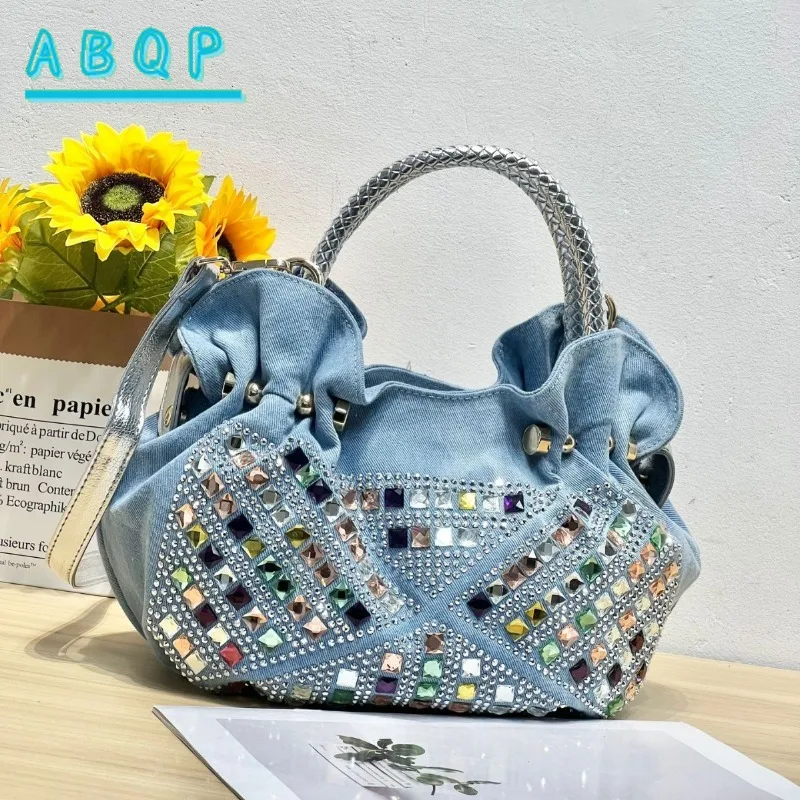 

Handbag 2025 New Korean Style Mini Fashion Diamond-encrusted Canvas Versatile Denim Bag Trendy Messenger Shoulder Bag