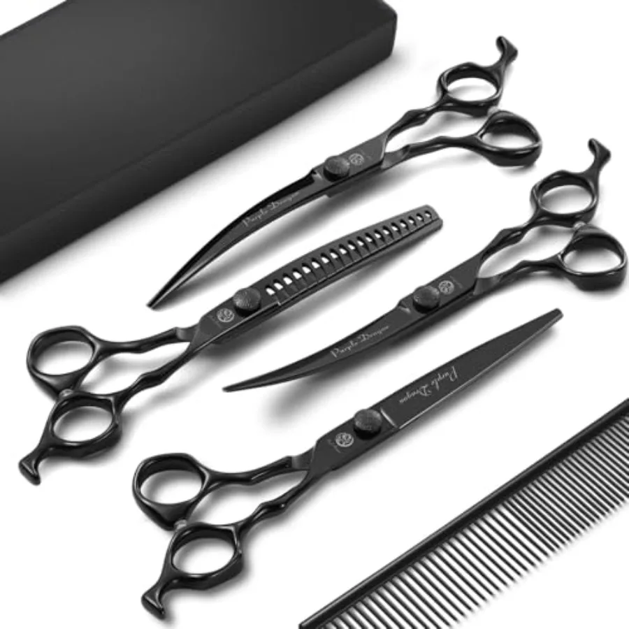 

Dog Grooming Scissors Set - Curved Chunkers Straight Up and Down Curved Scissors and Comb 7 Inch Black Shears with Adjustable S