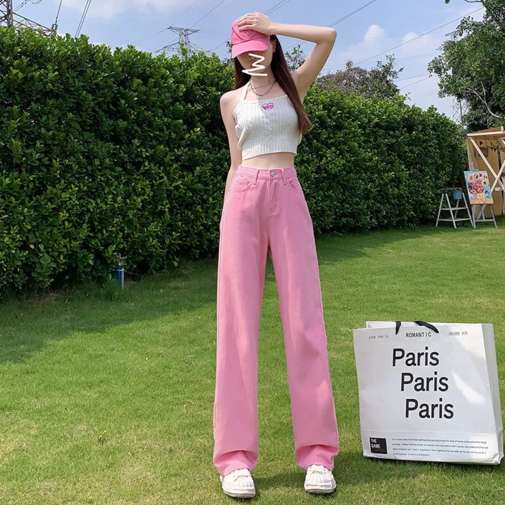 Pink Wide-leg Jeans for Women in The Summer Thin High-waisted Straight-leg Trousers Large Size Slimming Floor-length Trousers