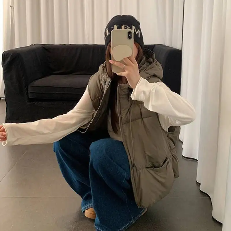 

Осенне-зимняя куртка без рукавов с капюшоном, женская утепленная теплая жилетка на молнии, повседневный спортивный свободный хлопковый жилет-пуховик, женский