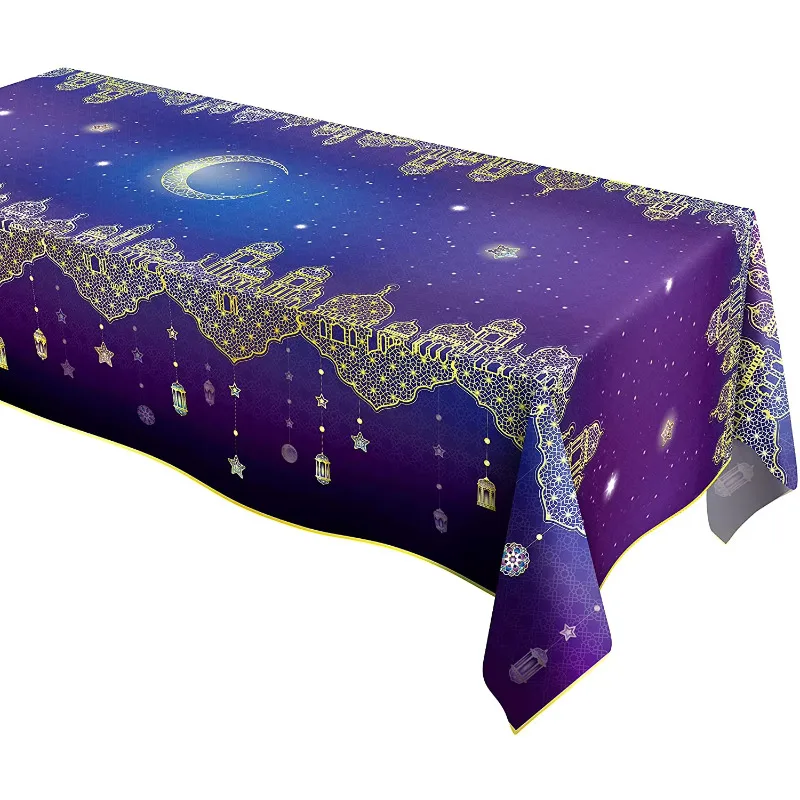 274X150cm Blue Purple EID Party Fabric Tablecloth Printed With Gold Crescent Moon Star Lantern Mubarak Table Cover Decorations