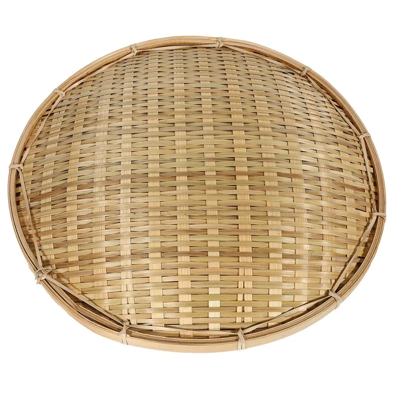 2X Handmade Woven Bamboo Fruit Basket Food Bread Organizer Kitchen Storage Decorative Round Plate With Bracket