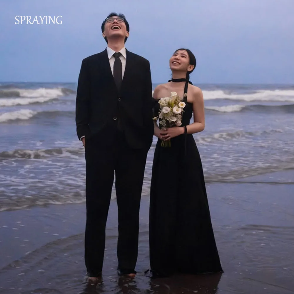 SPRAYING Elegant Black Evening Dress Korea Wedding Photo Shoot One Shoulder A line Floor Length Party Dress Corset Customized