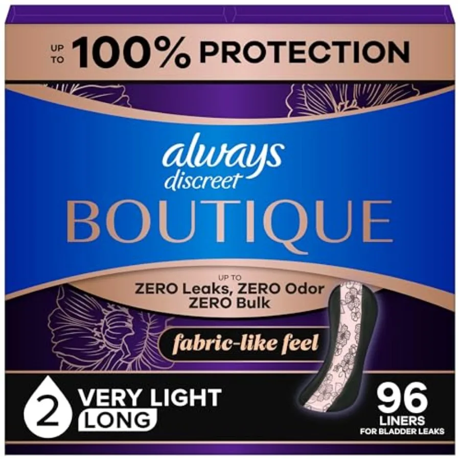 

Always Discreet Boutue Incontinence Panty Liners Bladder Leaks, Size 2, Very Lig orncy, Long Lengt, 96 Count 3 Packs of 32