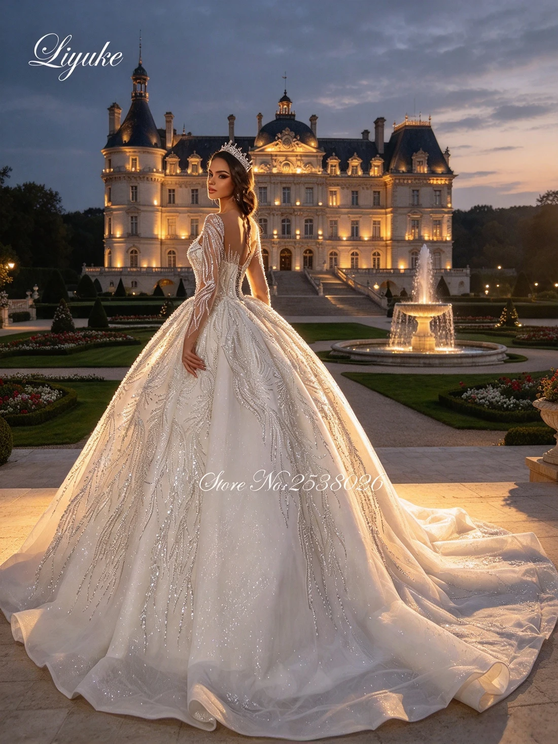Liyuke Customize Made Luxurious Beading Sequins And Pearls Princess Wediing dresses Full Sleeves Shiny Lace Bridal Gowns