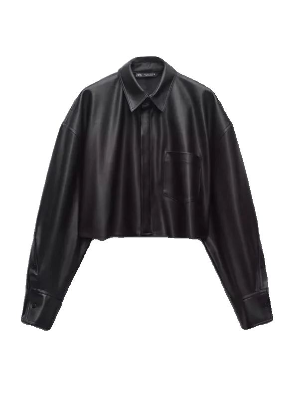 

Fall 2023 New Retro Hong Kong Sle Casual Faux Leather ort irt Jaet Women's Faion PU Leather Long Sve Loose Fit Coat