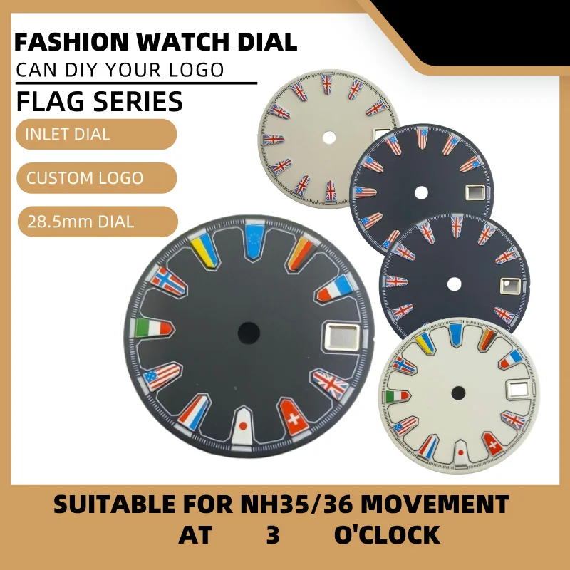 

28.5mm National flag series sterile Watch Dial C3 Blue luminous for NH34 NH35 NH36 Movement Single calendar watch accessories