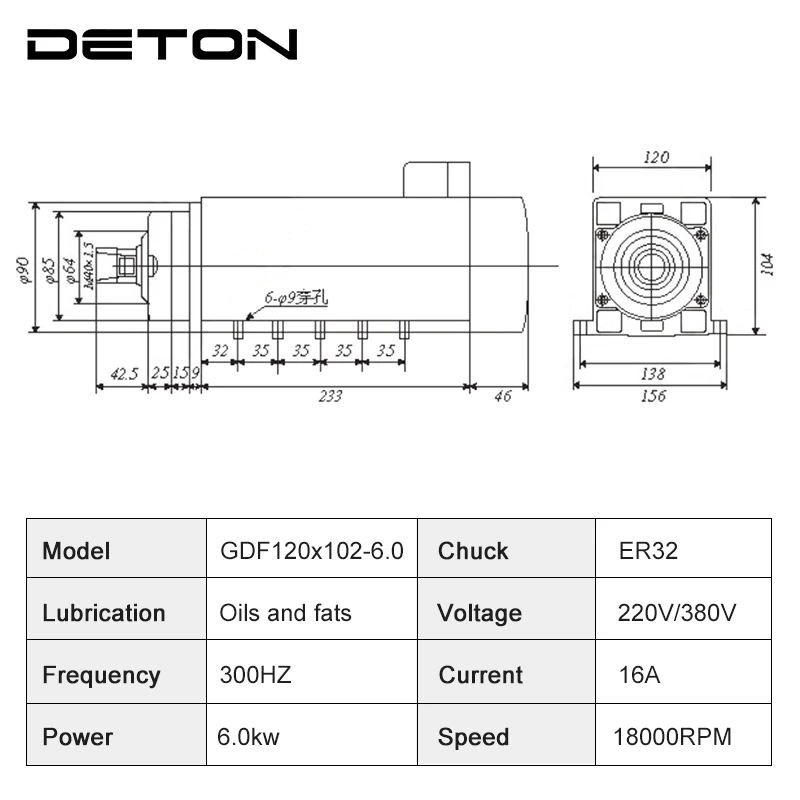 spindle set 6.0KW 220/380V 18000RPM 300Hz square spindle with installed Fallon and 7.5KW DETON frequency converter ER20 wrench