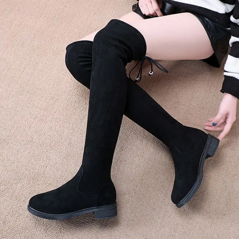 Shoes for Woman Elastic Elegant with Low Heels Footwear Above Over The Knee Women's Boots Black Thigh High on Promotion Quality