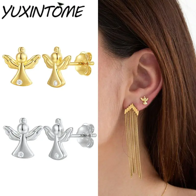 925 Sterling Silver Needle Niche Personality Cute Angel Micro-encrusted Zircon Earrings Women's Retro Fashion Earrings Jewelry
