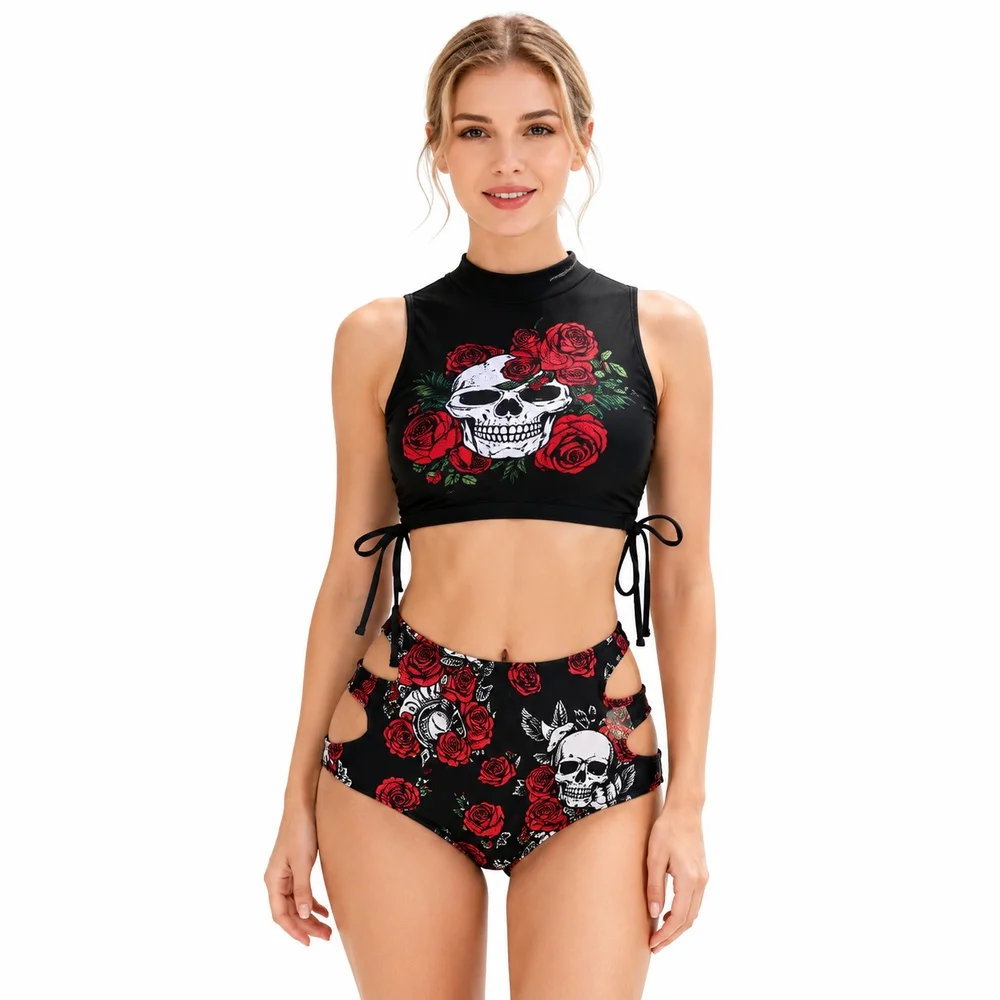 Women Black Skull Rose Bikini Set High Neck Lace Up Top High Waist Cutout Bottom Two Piece Swimsuit Beach Pool Vacation Wear