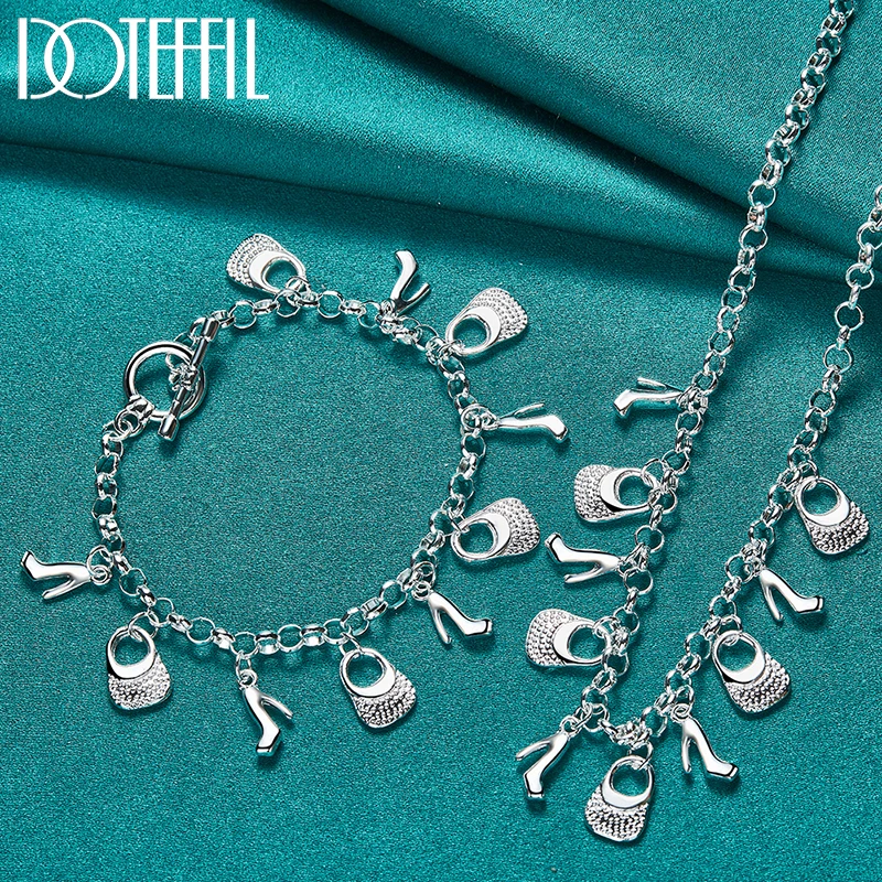 

DOTEFFIL 2pcs 925 Sterling Silver High Heels Bag Pendant Bracelets Neckalce Chain For Women Charm Wedding Engagement Jewelry