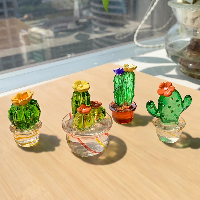 4 Pcs Handmade Resin Cactus Figurines Ornaments Mini Bonsai Cute Miniature Desktop Craft Home Decor Vehicle Ornament