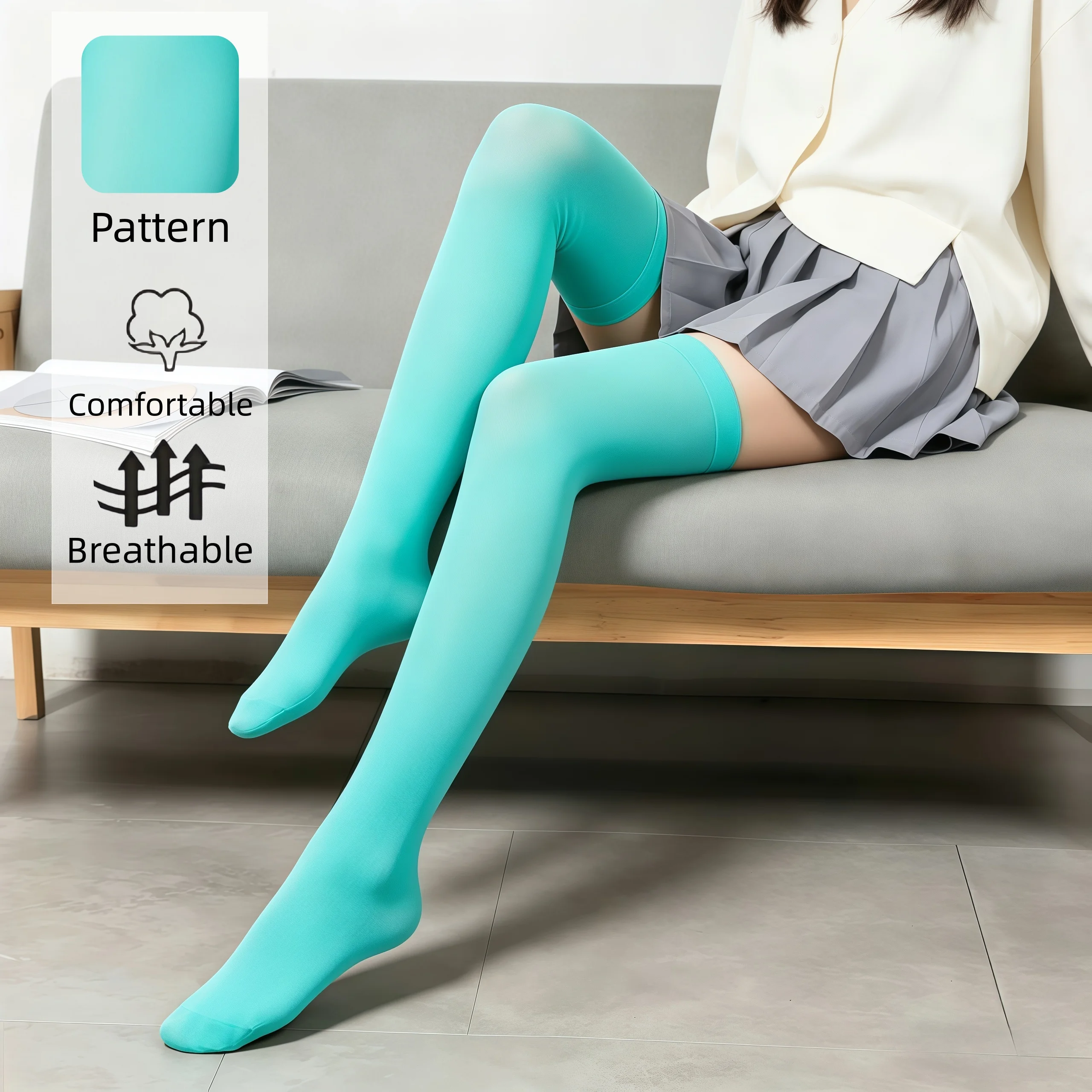 Einfarbige türkisfarbene Oberschenkelhohe Socken für Damen, blickdichte lange Overknee-Socken, bequeme, atmungsaktive, dehnbare Strümpfe – Detail 3