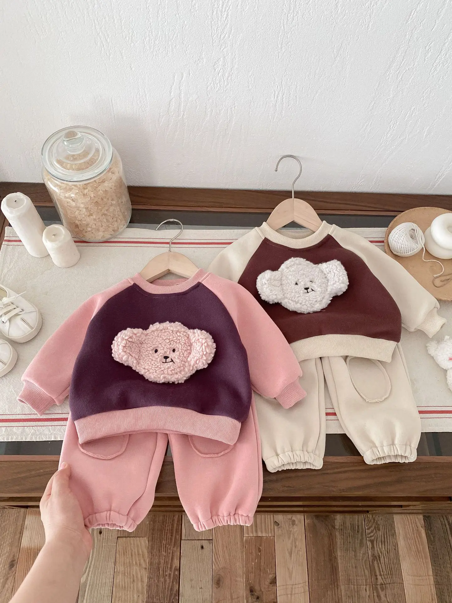 2025 Winter New Baby Fleece Warm Clothes Set Infant Girls Bear Sweatshirt + Pants 2pcs Suit Plus Velvet Thick Boys Warm Outfits