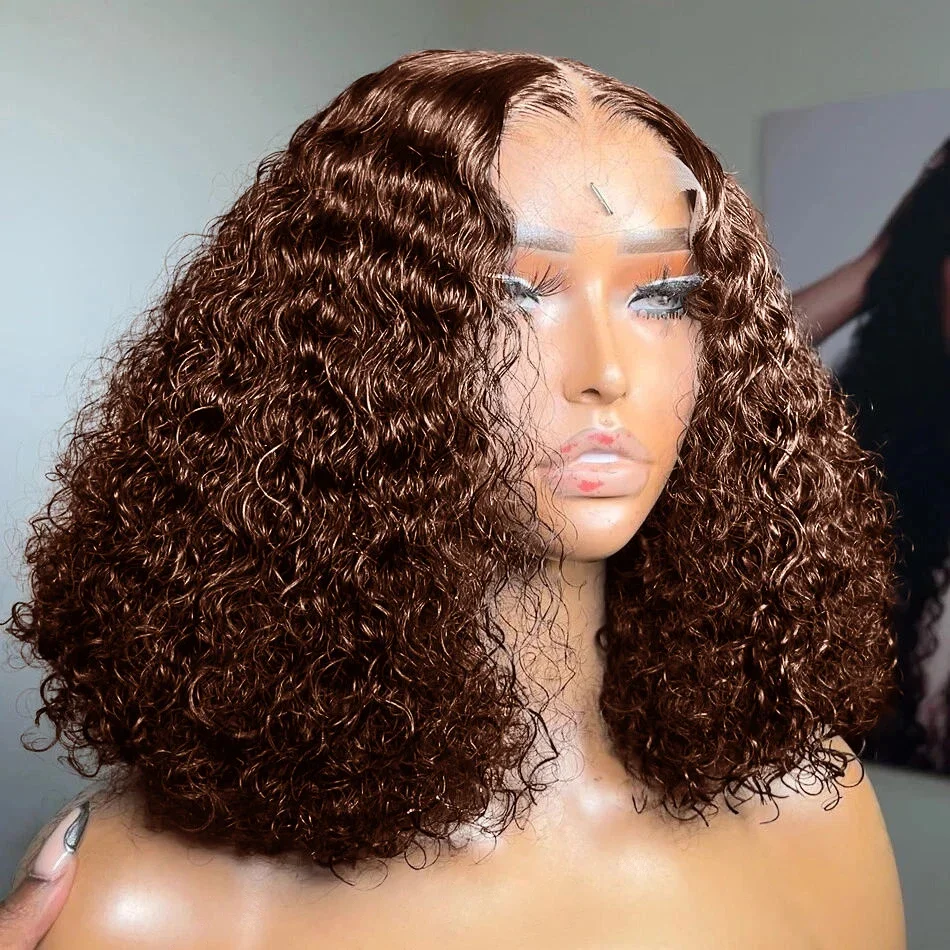 

Chocolate Brown #4 Color Water Wave Bob Wigs 13x4 Transparent Lace Frontal Human Hair Wig For Women 16Inch Short Bob Curly Wigs