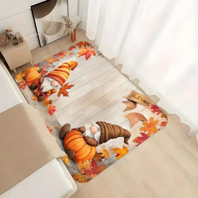VIKAMA Fall Flannel Door Mat Two Gnomes Pumpkin Maple Leaf Thankful Print Non Slip Mat For Front Door Porch Autumn Decor