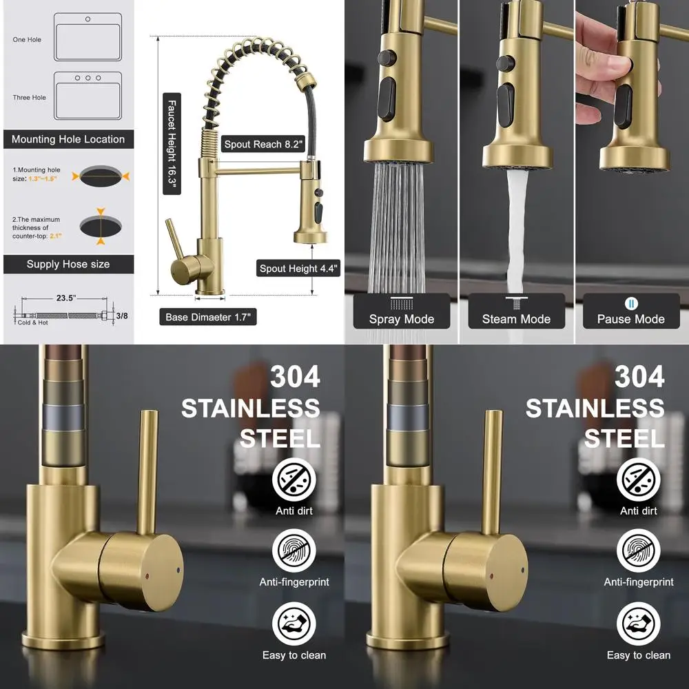 

Stylish Brushed Gold Kitchen Faucet with Pull-Down Sprayer and Single Handle