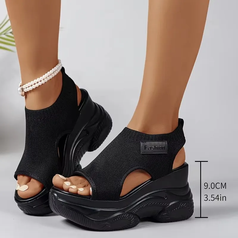 Women Fashion Platform Wedge Sandals Peep Toe Knit Mesh Breathable Lightweight Comfortable Sporty Walking Casual Outdoor Slides