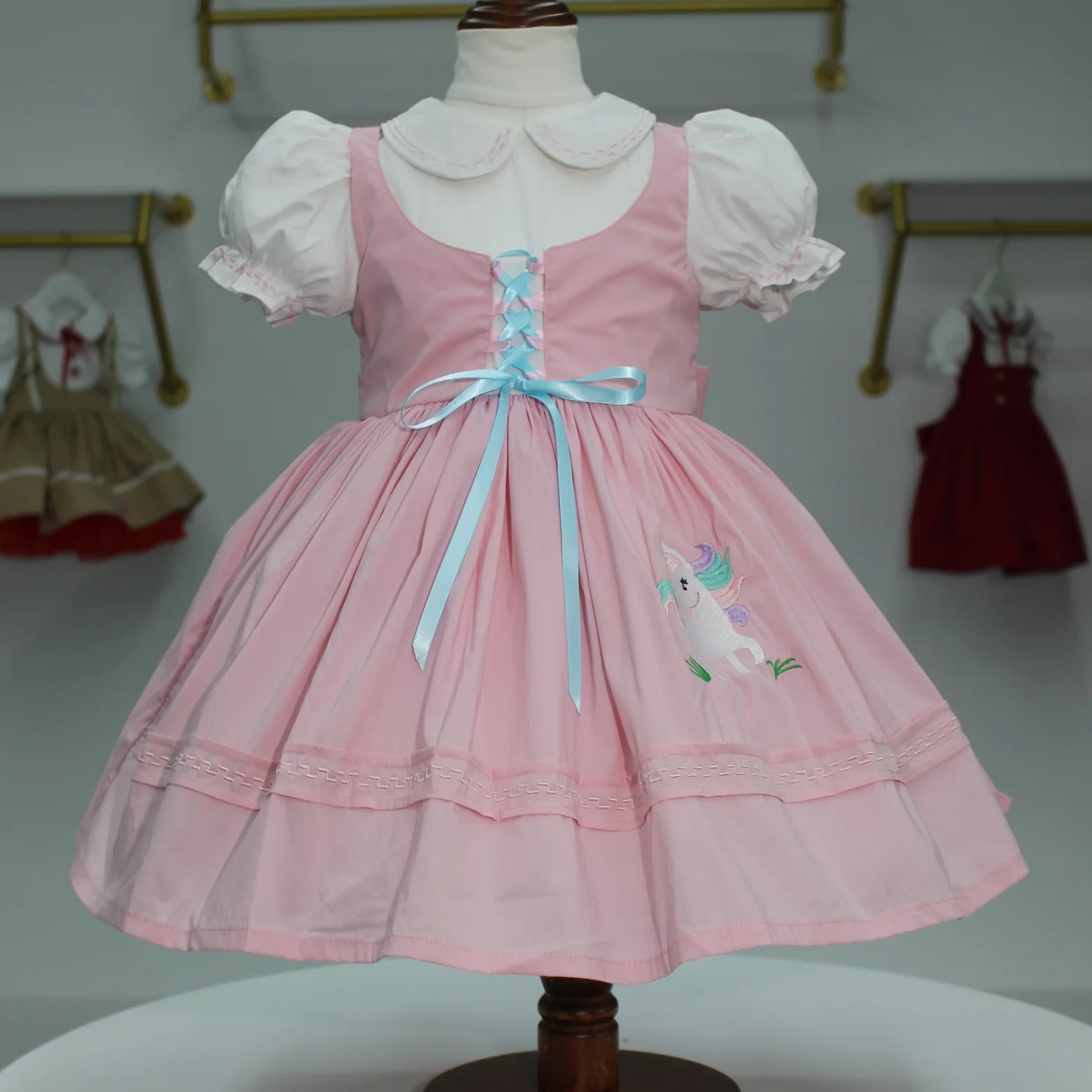 0-12Y Baby Girl Summer Pink Unicorn Embroidery Turkish Vintage Princess Ball Gown Dress for Birthday Holiday Easter Eid  B156